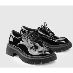 Chunky Black Patent Faux Leather Lace Up Loafers Platform New Size 39/8.5